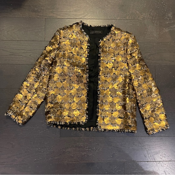 Zara Gold Tan Sequinned Embroidered Tweed Blazer Jacket 7853/661 xsmall - Picture 2 of 5